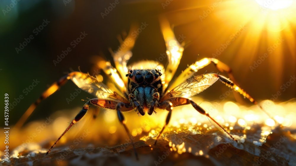 Poster detailed close-up of a spider with sunlight glimmering behind it in nature setting perfect for scien