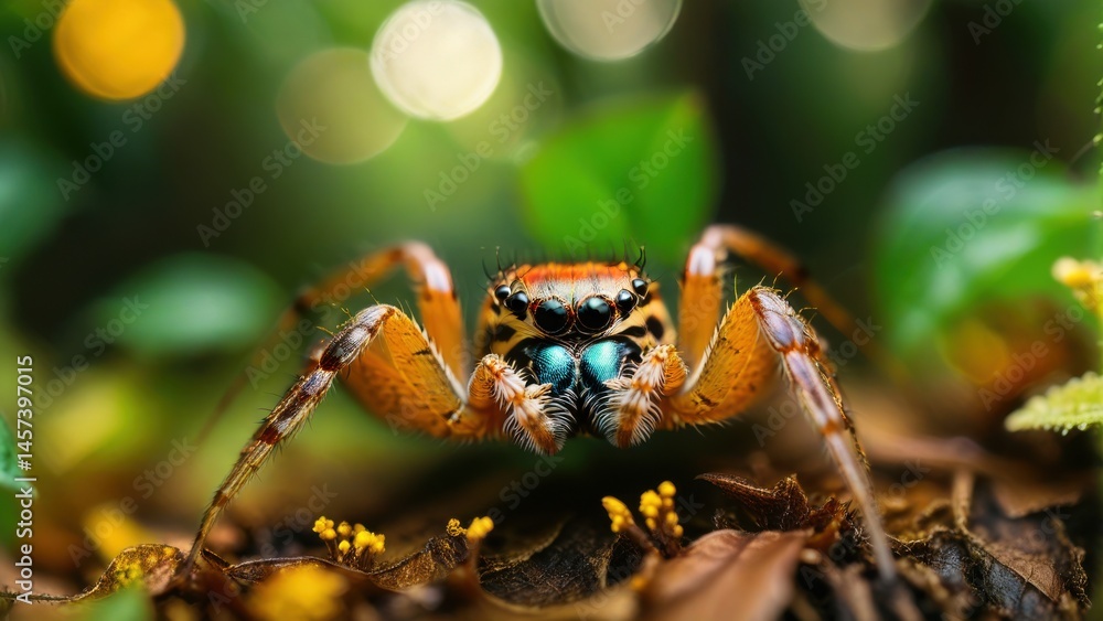 Poster close-up view of a vibrant spider on leafy background with soft bokeh effect and natural light highl