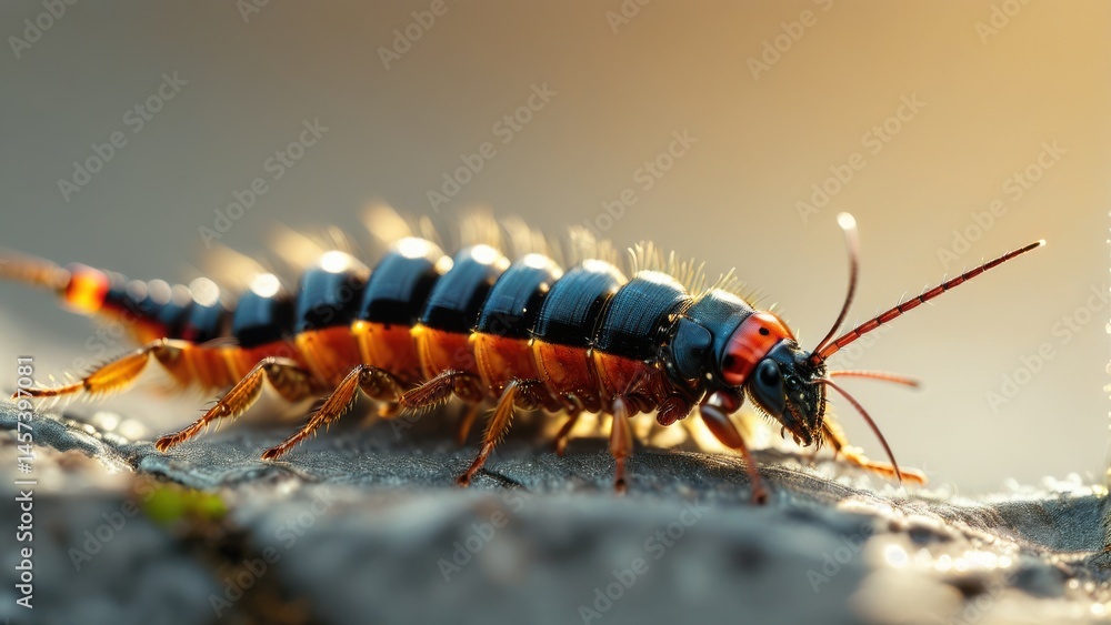 Poster close-up view of colorful insect crawling on surface with warm background light, showcasing intricat