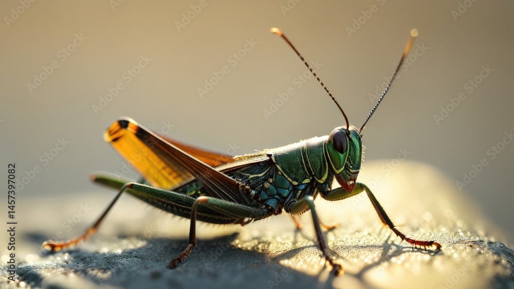 Poster Close-Up of a Vibrant Green Grasshopper on Surface with Soft Focus and Natural Lighting Capturing Details of Insect Anatomy and Texture
