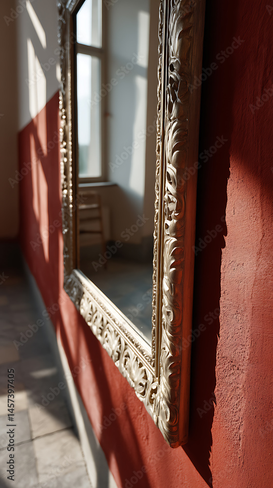 Aufkleber ornate mirror reflects light and space on a textured, two-toned wall. sunlight streams through the w