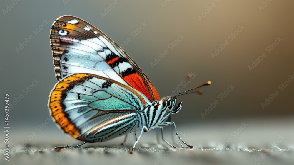 Poster vibrant butterfly close-up with intricate patterns and colorful wings captured in detail against a s