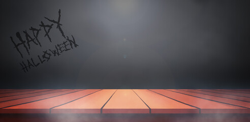 Happy Halloween Greeting against Illustration of Table with Space for an Object and Dark Background with Copy Space for Text