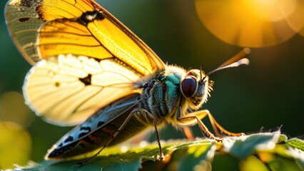 Close-Up of Vibrant Butterfly with Detailed Wings Sitting on Leaf Under Soft Sunlight in a Natural Setting, Showcasing Colors and Textures of Nature