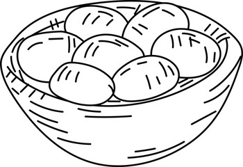 Bowl of Olives - Hand-drawn olive and fruit illustration in black and white line art for organic food and natural design themes