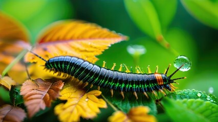 Colorful Caterpillar Crawling on Vibrant Green Leaves with Dew Drops in a Lush Natural Setting in Detailed Macro Photography
