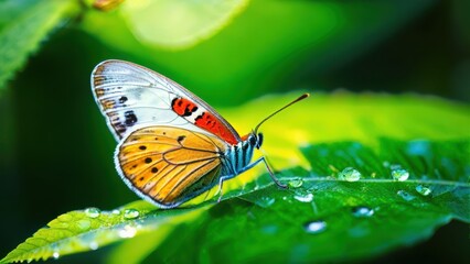 Colorful butterfly perched on a green leaf with water droplets glistening in sunlight capturing the essence of nature's beauty and vibrant colors