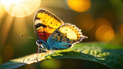 Vibrant Butterfly on Green Leaf Under Sunlight with Bokeh Background Captured in Nature's Splendor, Symbolizing Beauty and Transformation