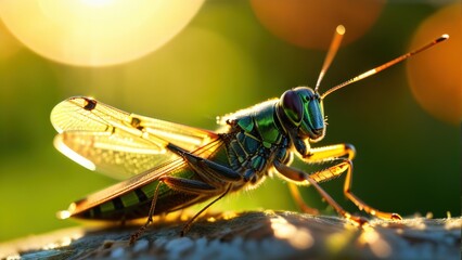 Close-Up of a Colorful Grasshopper Sitting on a Wooden Surface with Blurred Background and Soft Light Highlights in Nature