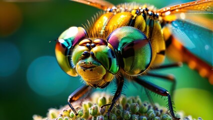 Colorful close-up of a dragonfly displaying intricate patterns and vibrant colors of its compound eyes in a natural outdoor setting with soft blurred background