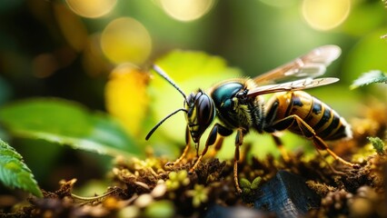 Close-Up View of a Vibrant Bee Captured in Natural Habitat Surrounded by Lush Greenery and Soft Bokeh Background Enhancing Its Beauty