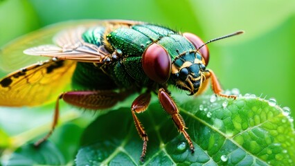 Close-Up of Vibrant Green Fly on Leaf with Dew Drops, Showcasing Detailed Anatomy and Beautiful Natural Habitat in High-Resolution Photography