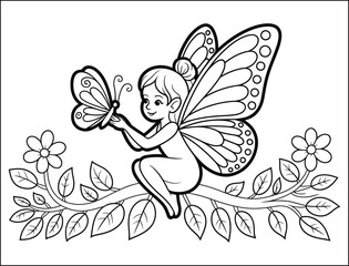 Obraz premium Cute Fairy with Butterfly on Branch Coloring Page