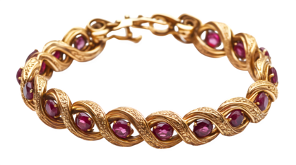 A close-up of an antique bracelet made of gold links and studded with rubies, isolated on white background