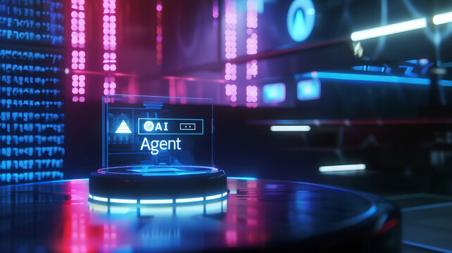 Podium stage display glowing holographic AI agent copilot digital product automation assistant chatbot technology machine learning collaboration, trust, and the fusion business partnership  