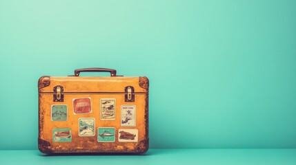 Studio Shot of a Vintage Suitcase on a Light Green Background with Copy Space – Perfect for Travel, Adventure, Vacation, or Tourism Promotions