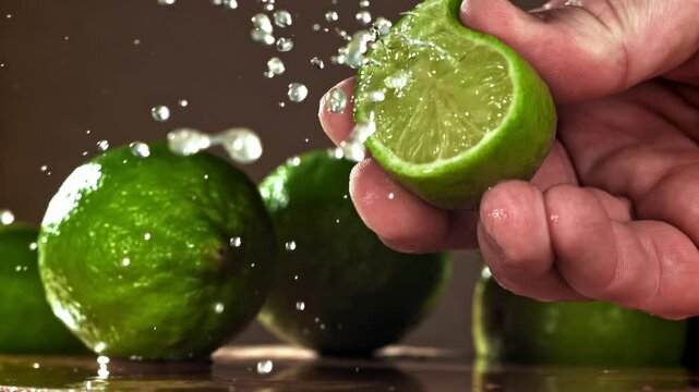 The chef squeezes lime juice. Filmed on a high-speed camera at 1000 fps. High quality FullHD footage