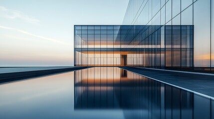 Symmetrical reflection of a sleek glass building on a tranquil water surface, blending modernity and serenity with plenty of room for text. 