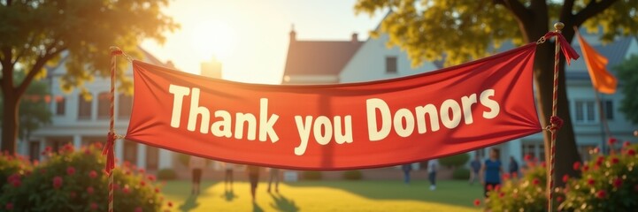 A vibrant "thank you donors" banner illuminated by warm sunlight, set in a picturesque outdoor location, celebrating gratitude and generosity.