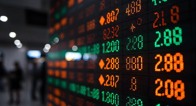 Illuminated Stock Market Board Featuring Orange and Green Financial Data with Silhouetted People in the Background - Powered by Adobe