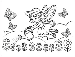 Obraz premium Cute Fairy Watering Flowers Coloring Page Illustration