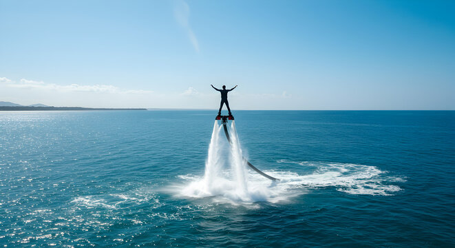 Man Flyboarding Over the Sparkling Blue Ocean Waters on a Sunny Day with Clear Sky and Sea Coast