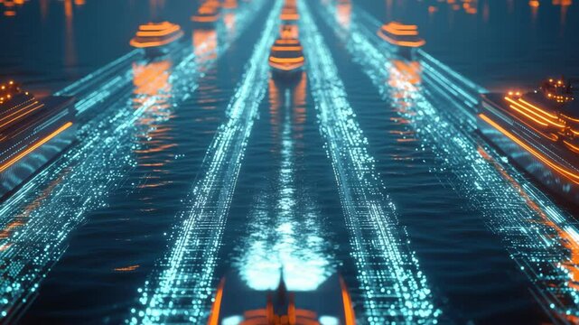 Futuristic Hyper Speed Sea Vessels Navigating Digitally Optimized Shipping Lanes
