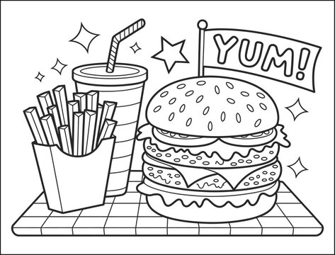 Triple Decker Burger Fries and Soda Coloring Page