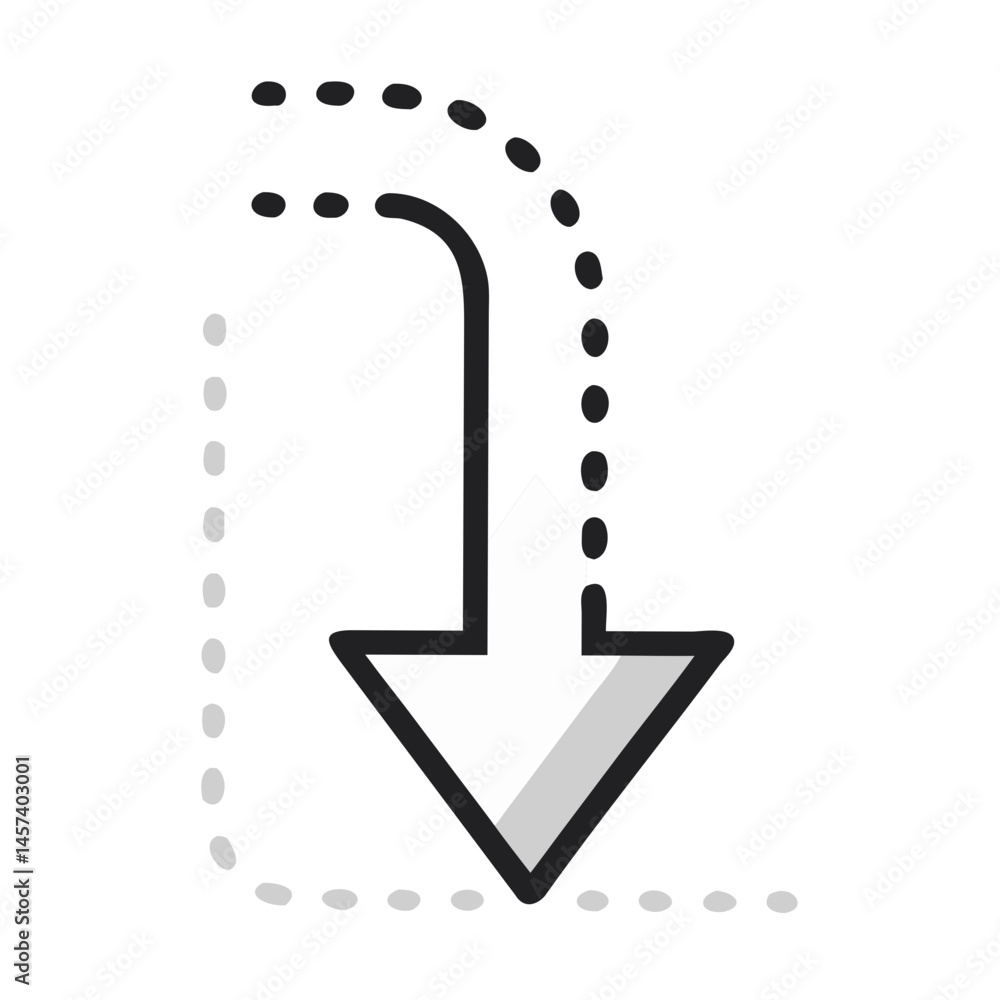 Poster curved down arrow with dashed outline and shadow