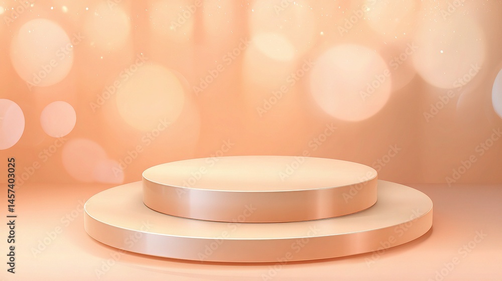 Poster round podium display on soft peach colored background with bokeh effects