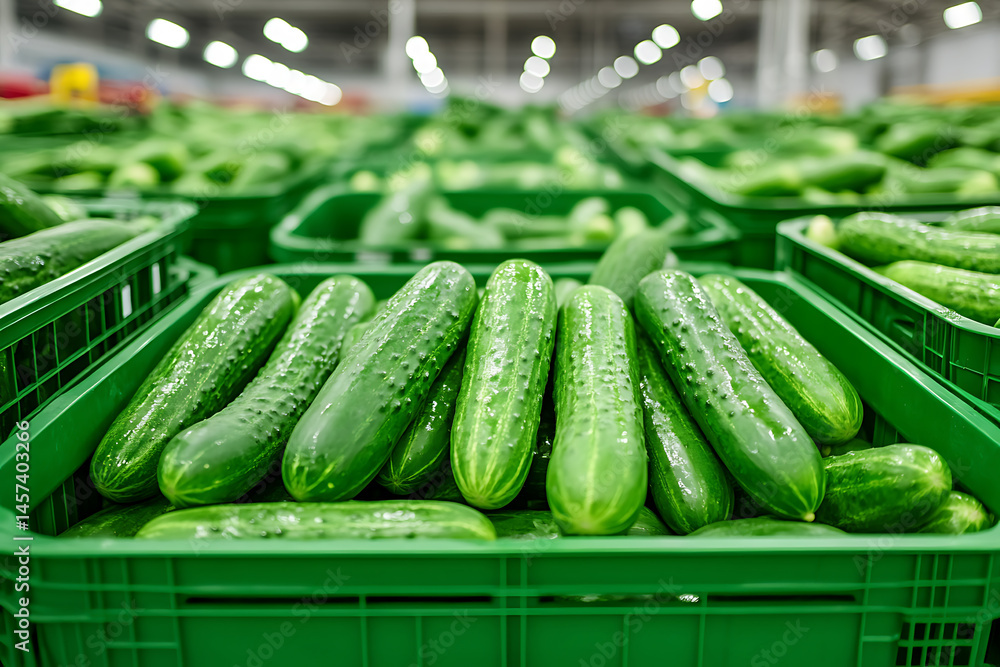 Poster fresh cucumbers fill green crates, ready for distribution in a large warehouse with bright overhead 