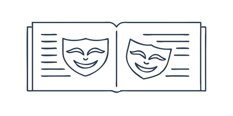 Outline book with comedy and tragedy masks in flat theater style