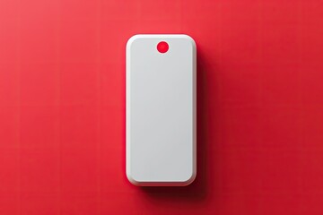 A white rectangular object, possibly a phone or tablet, rests on a vibrant red surface.  A small red dot is placed near the top edge