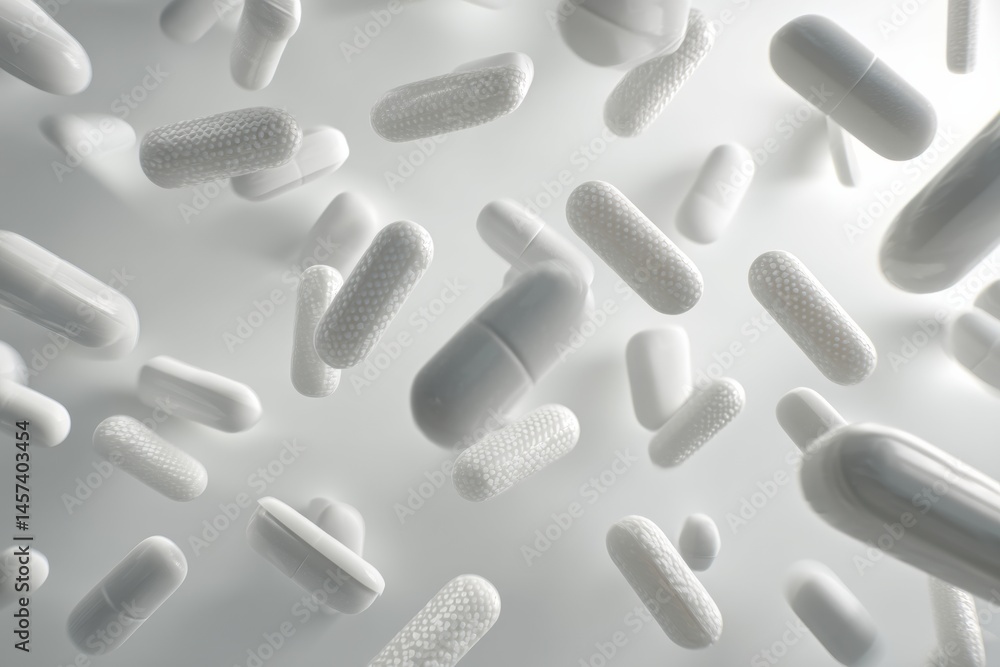 Poster Dynamic Scattering of White Pills in Motion Against a Sterile Background Creating a Visual Display of Pharmaceutical Elements Generative AI