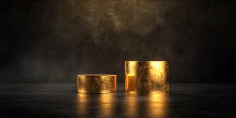 Two golden cylindrical podiums on a dark textured surface