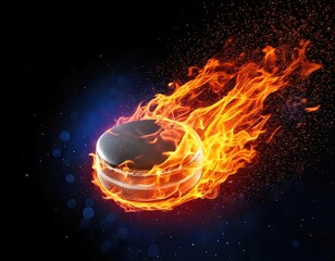 an hockey puck on fire flying through the air
