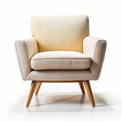 Light-colored armchair with soft upholstery and wooden legs, isolated on a white background.