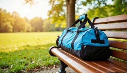 Fototapeta premium Blue and black sports duffel bag on wooden bench in sunny park, outdoor fitness gear, travel or gym accessory concept
