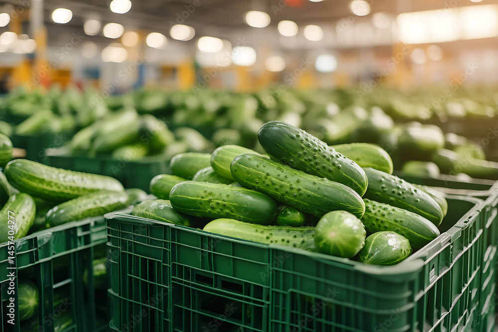 Poster freshly harvested cucumbers in crates, ready for distribution from a farm or large-scale agriculture