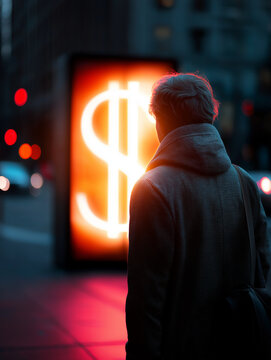 Silhouette eines Menschen, der nachts vor einem leuchtenden Dollar-Zeichen in einer Stadtumgebung steht.