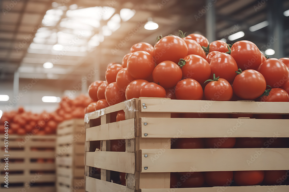 Poster freshly harvested tomatoes: piles of vibrant red tomatoes overflow wooden crates in a warehouse, rea