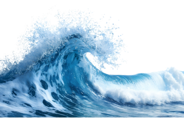 Blue ocean wave with splashing water isolated on a transparent background