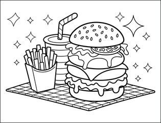 Triple Decker Burger Fries Soda Coloring Page Illustration