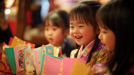 Young girl in traditional kimono opening colorful otoshidama envelope
