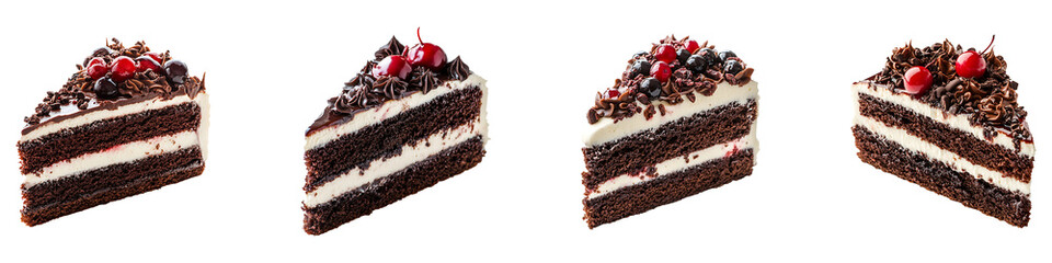 Set, group, collection of Black forest cake slice isolated on transparent background.