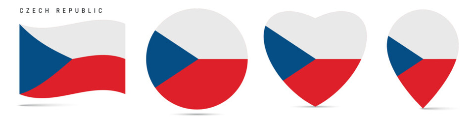 Fototapeta premium Czech Republic waving flag, circle badge, heart shaped, map pin. Flat vector illustration isolated