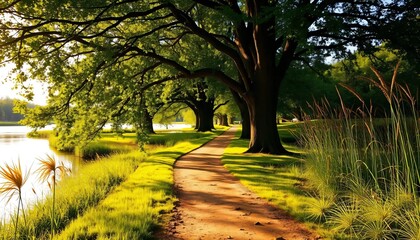 A scenic nature path winds through a lush green park, bordered by a calm body of water and tall grasses. Large, mature trees provide shade, with sunlight filtering through the branches