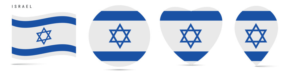 Israel waving flag, circle badge, heart shaped, map pin. Flat vector illustration isolated