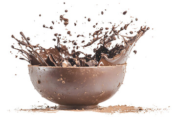 Chocolate splash explosion in a chocolate bowl isolated on a transparent background