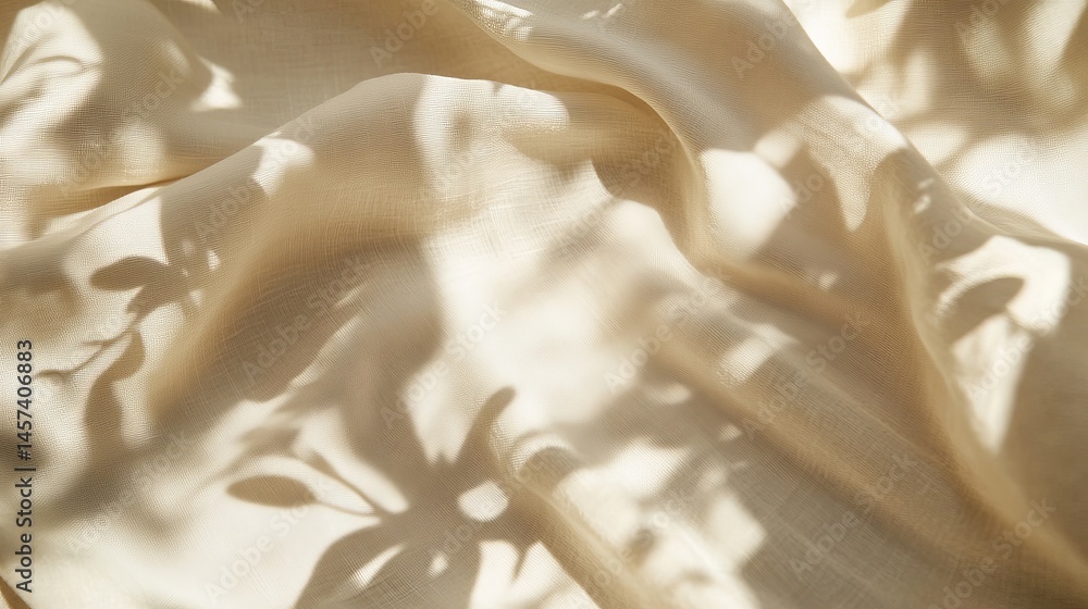 Aufkleber elegant beige linen fabric texture with soft light and plant shadows subtle draped background for de
